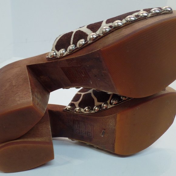Michael  Kors Nailhead Trim Calf Hair Wood Heels Bold Stitching Mules Clogs Sz 8 - Picture 8 of 15